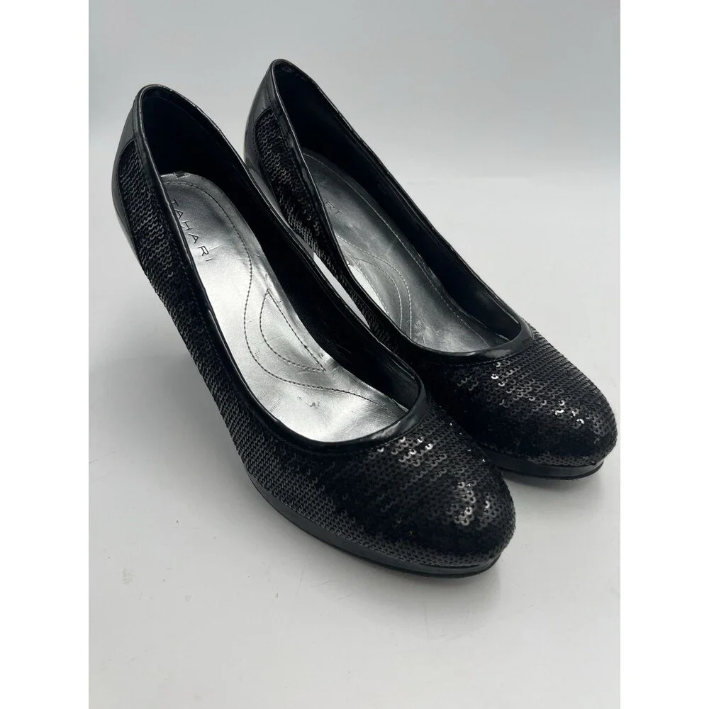 Tahari Black Sequin Round Toe Leather Pumps Heel Formal Black Tie Party Sz 8.5 M - Picture 2 of 11